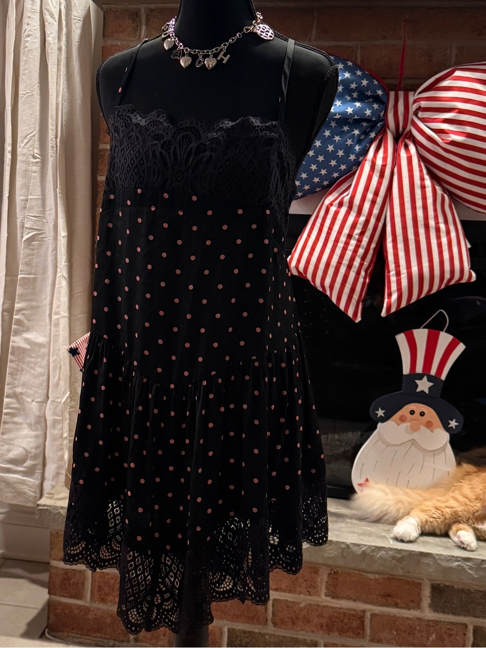 Black Lace Slip Dress with Pink Polka Dots